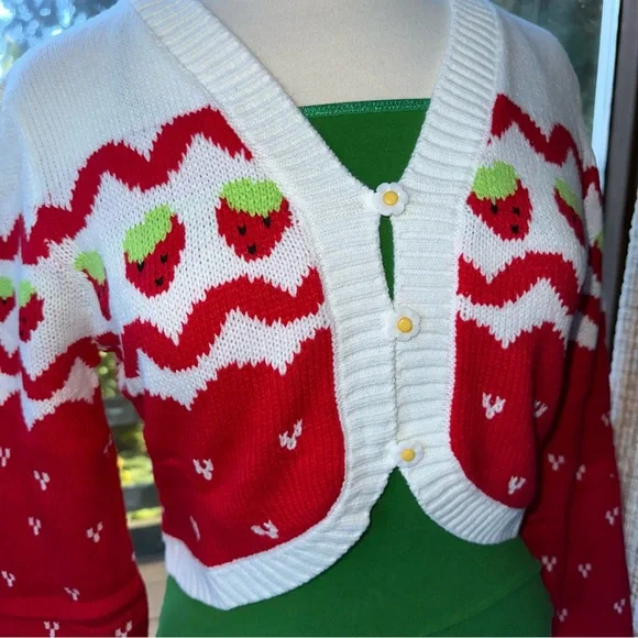 💌[ Dolls Kill ] Strawberry Shortcake Berry Charms Intarsia Cardigan Sweater - Picture 2 of 12